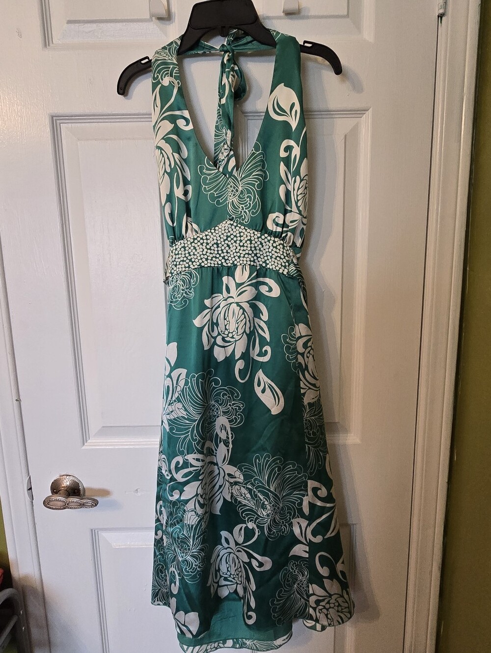 le chateau Green and White Floral Halter Dress